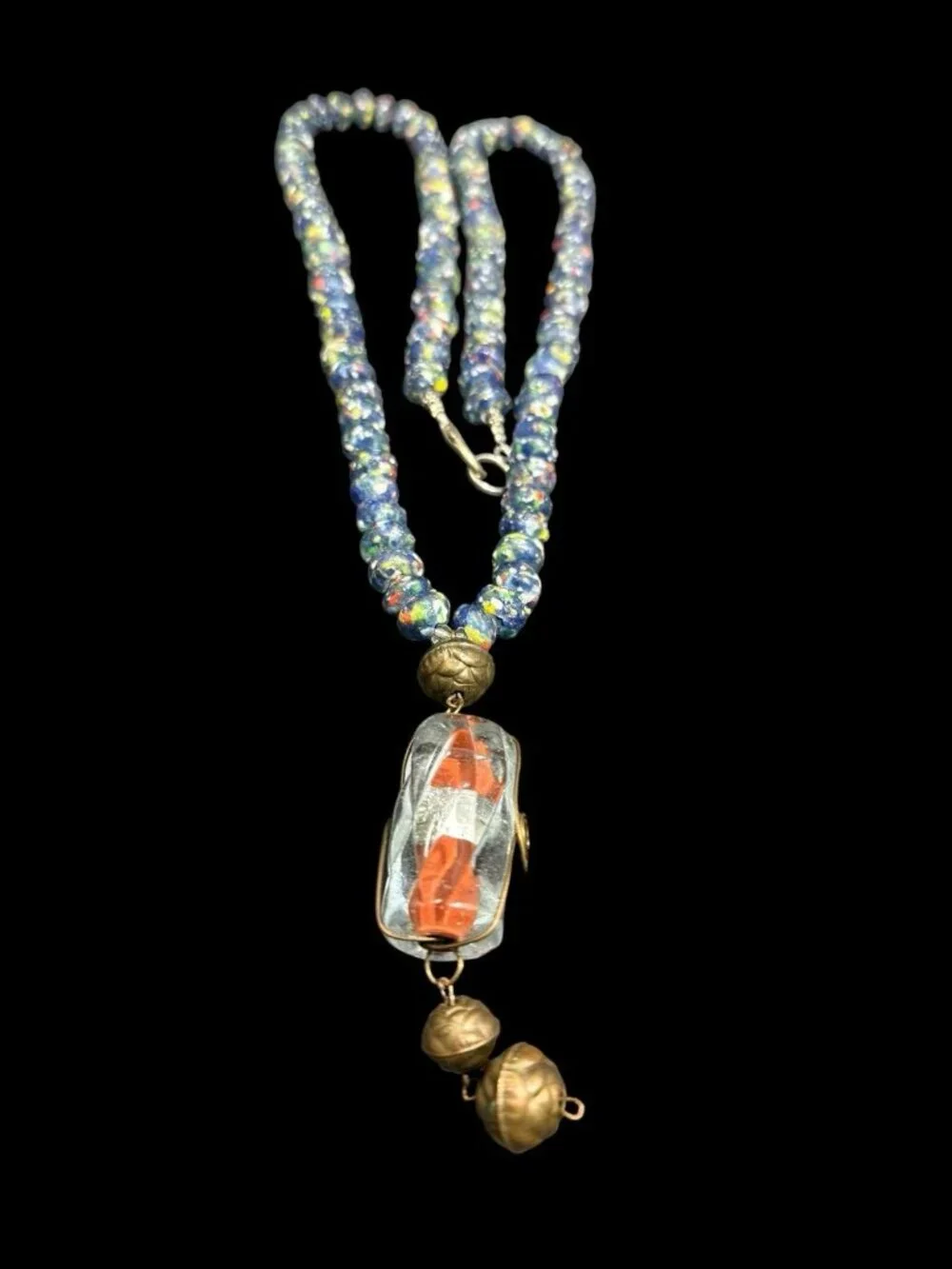 Vintage Venetian Murano Blue Art Glass Floral Wedding Cake Beads Necklace 32”